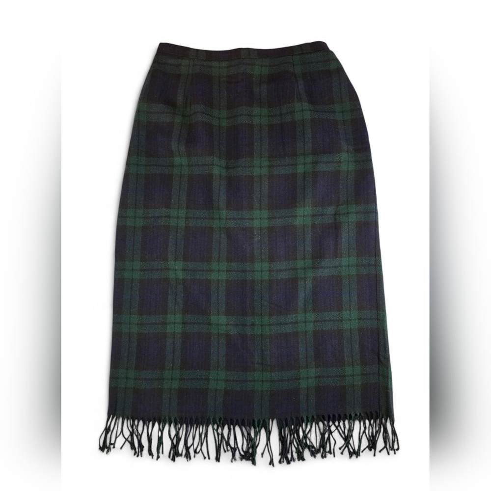 Black Watch Tartan Plaid Midi Skirt 16W Wool Blend Fringe Hem Heritage Academia